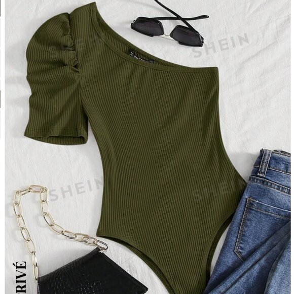 SHEIN Tops - SHEIN Privé One Shoulder Puff Sleeve Ribbed Knit Bodysuit Sz L